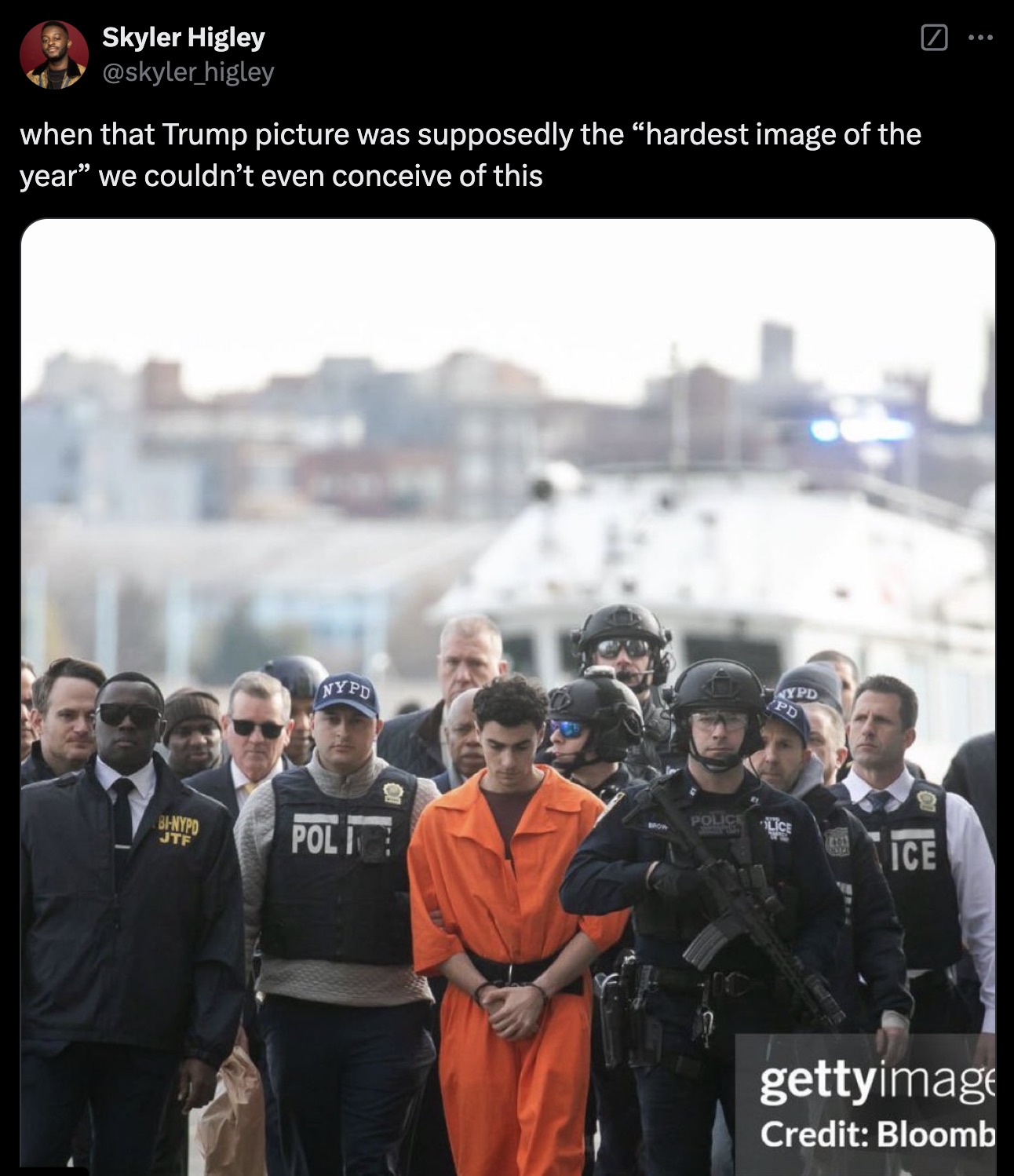 Photograph - Skyler Higley when that Trump picture was supposedly the "hardest image of the year" we couldn't even conceive of this BiNypd Jtf Nypd Pol Ypd Pd Police Lice Ice gettyimage Credit Bloomb